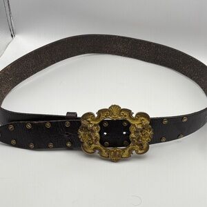 Vintage-Dolce Gabbana Inspired Brown Leather Belt with Ornate Gold Buckle
